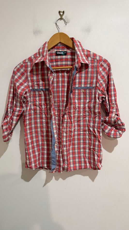 OMM Red Check Button Up Shirt With Denim Trim Size 12