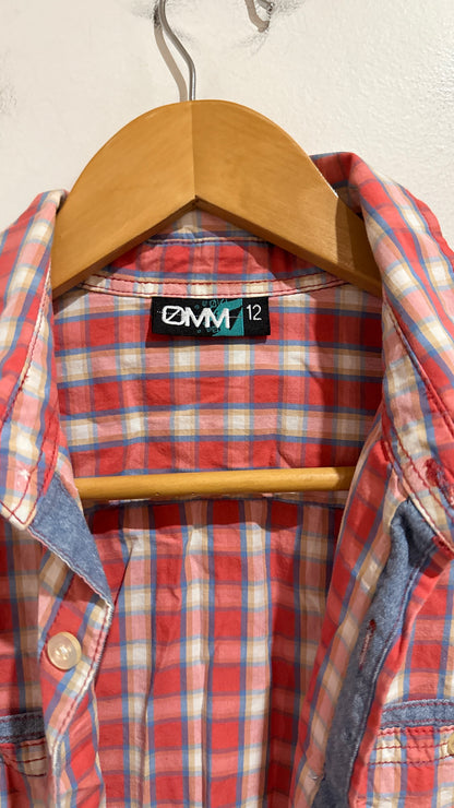 OMM Red Check Button Up Shirt With Denim Trim Size 12