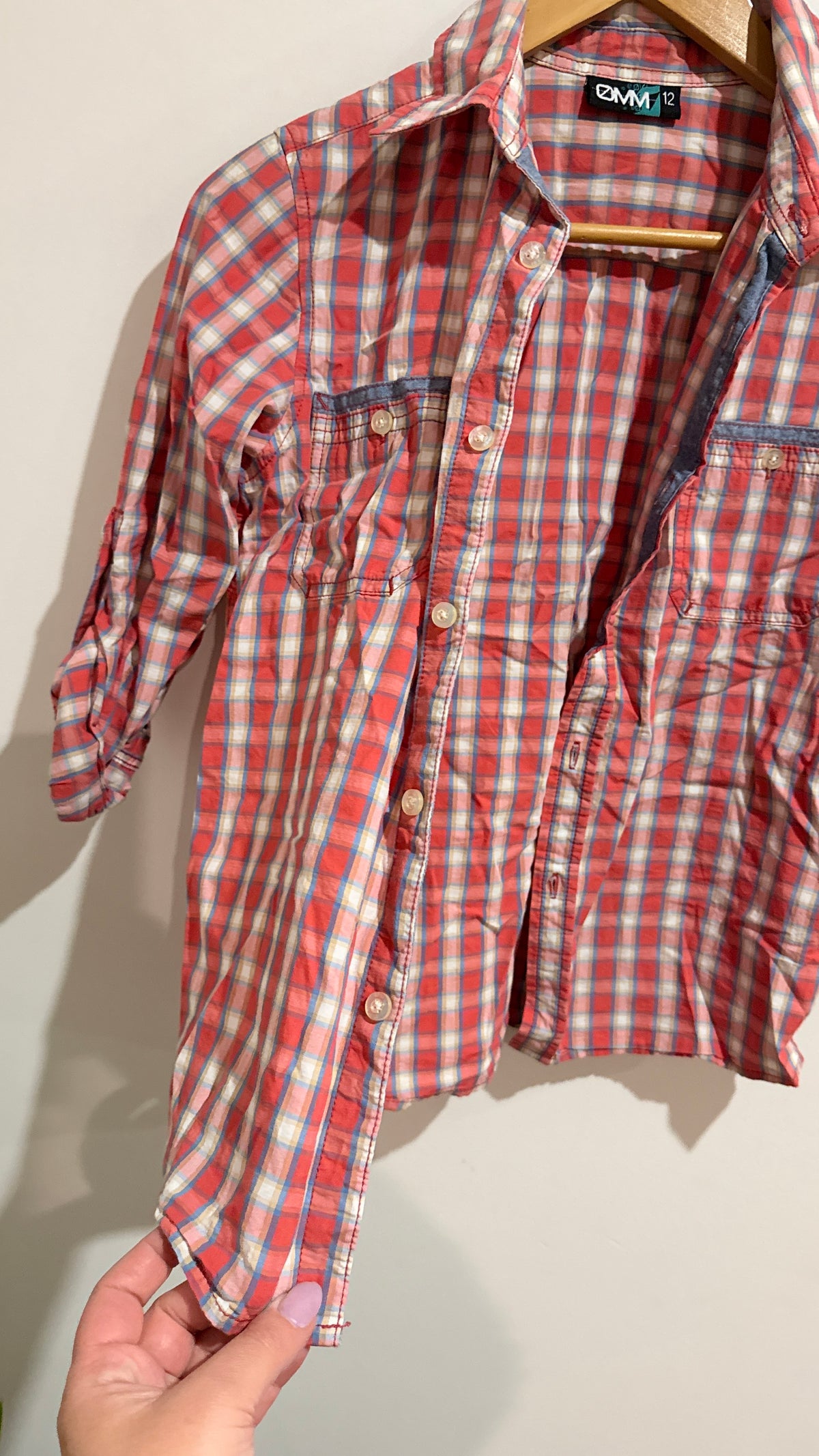OMM Red Check Button Up Shirt With Denim Trim Size 12