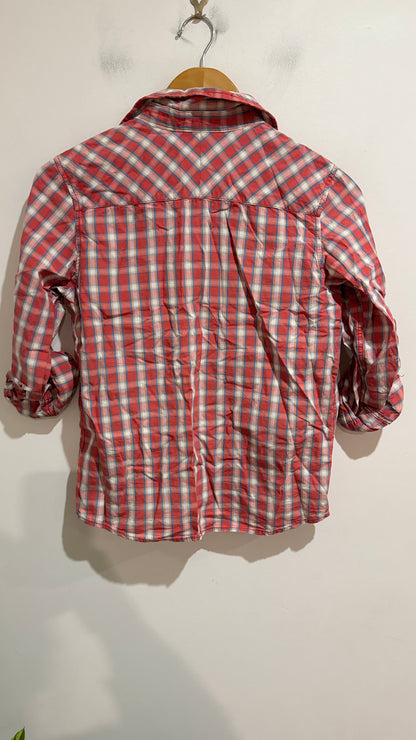 OMM Red Check Button Up Shirt With Denim Trim Size 12