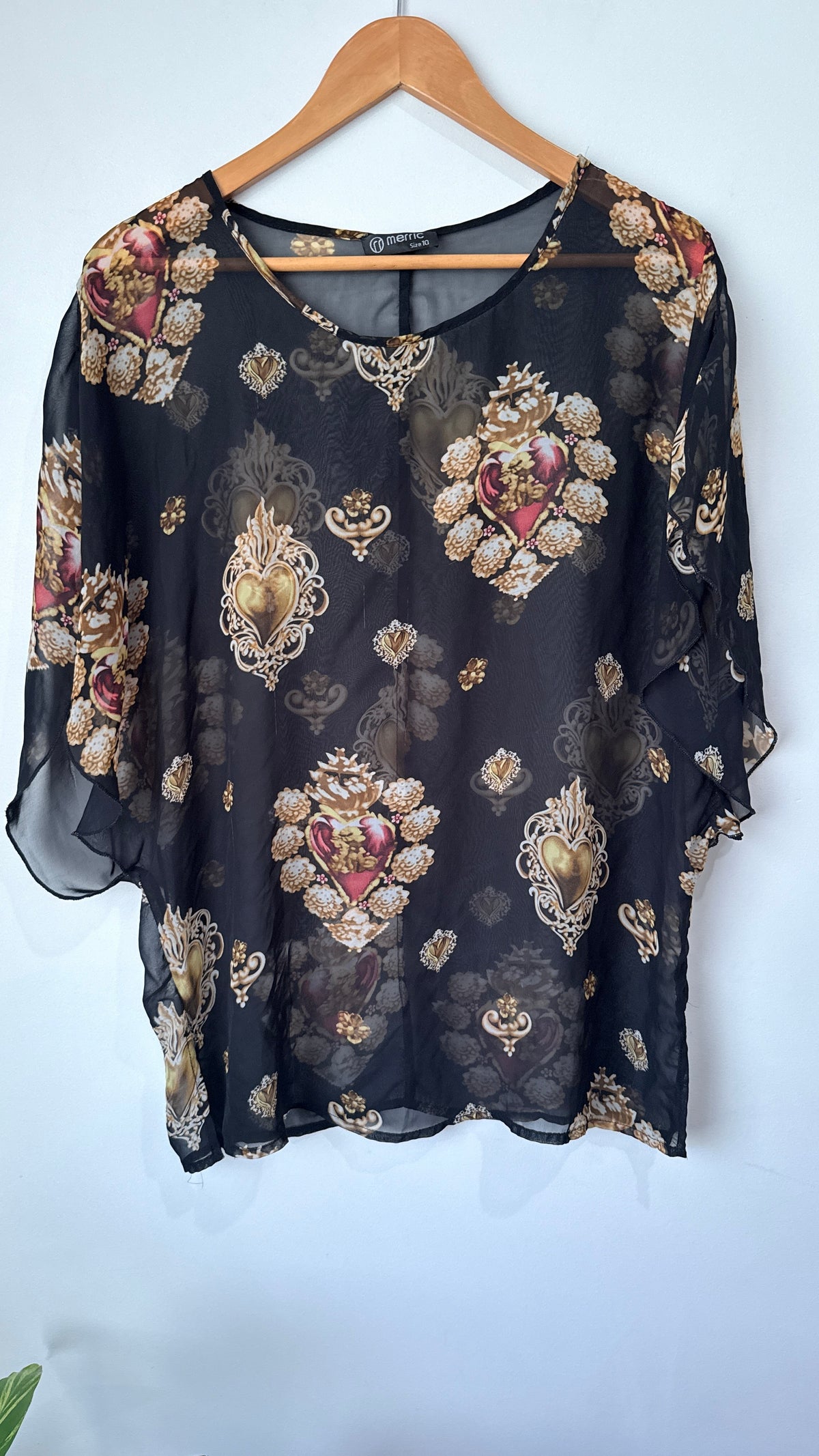 Merric Size 10 Sacred Heart Print Sheer Top