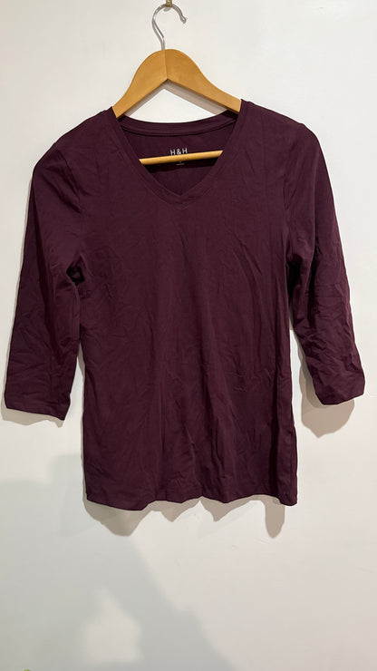 H&H Burgundy V Neck 3/4 Sleeve Top - Size S