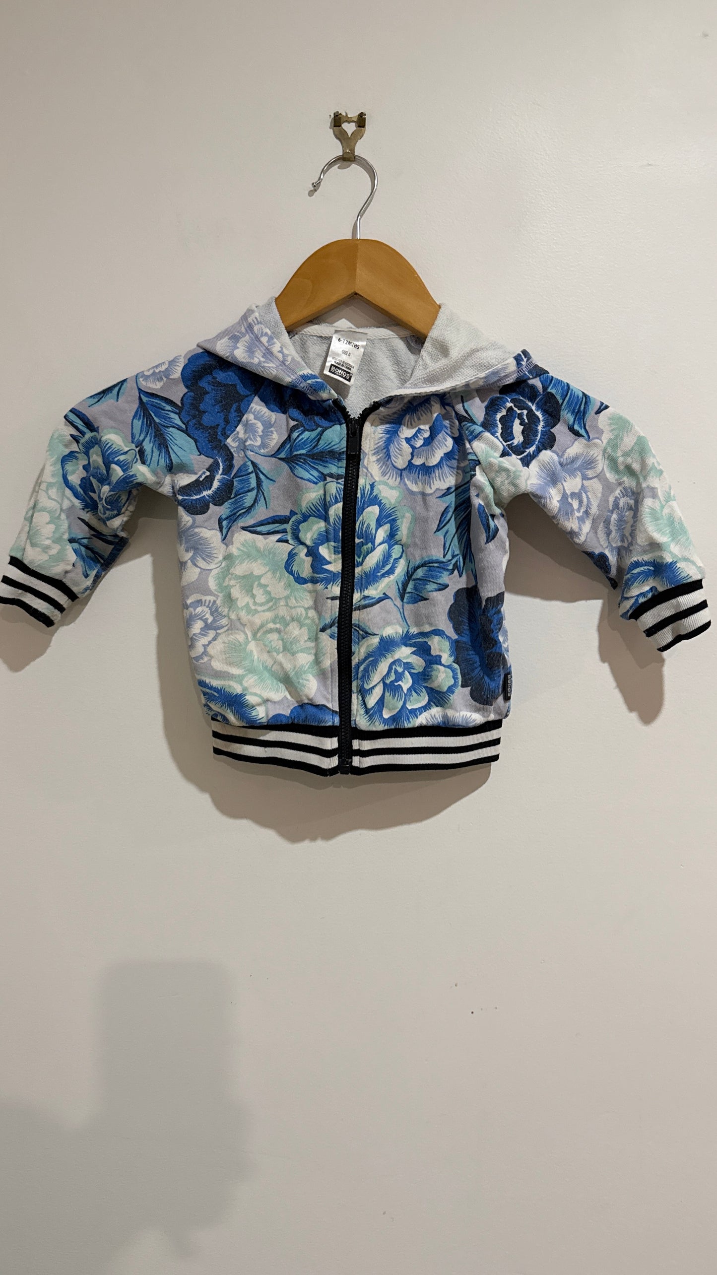 Bonds Blue Floral Zip Hoodie - Size 0 (6-12 Months)
