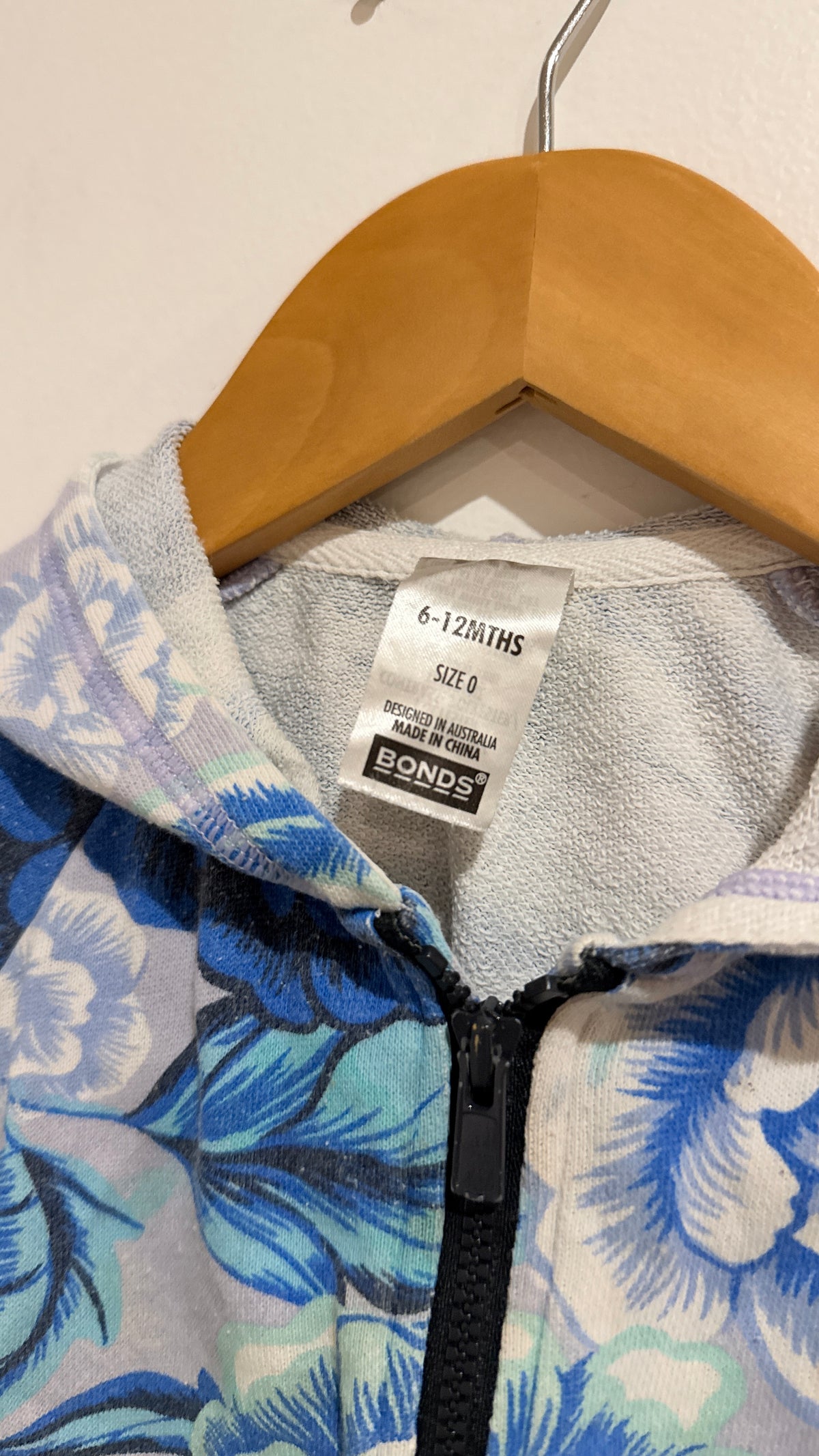 Bonds Blue Floral Zip Hoodie - Size 0 (6-12 Months)