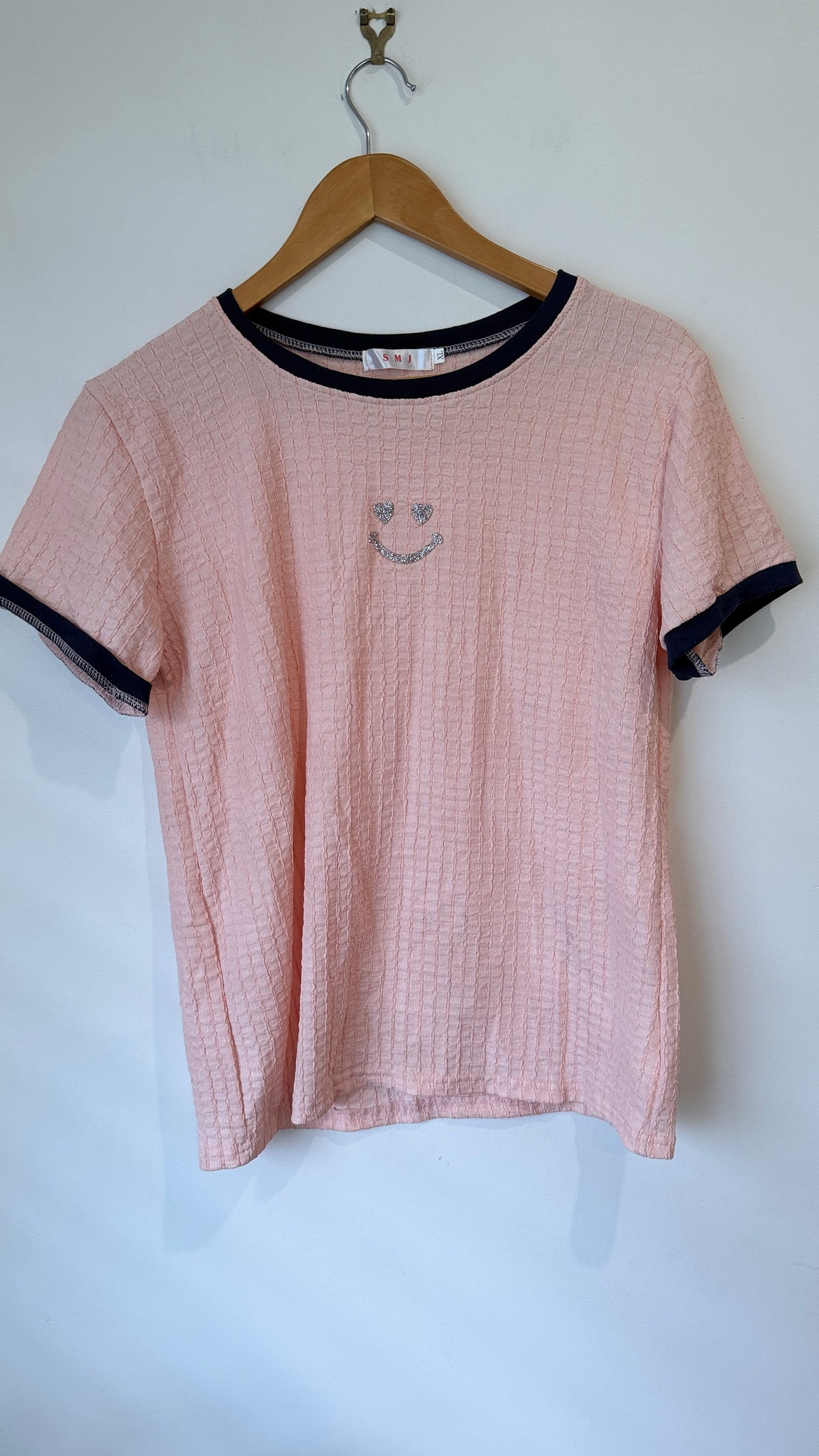 SMJ Pink Textured Smiley Ringer Tee - Size XL / 50cm u/arm