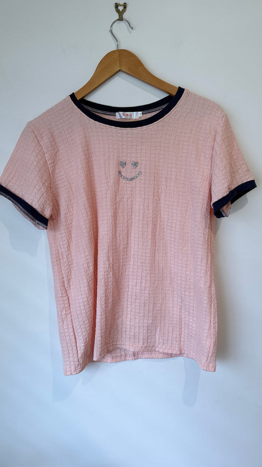 SMJ Pink Textured Smiley Ringer Tee - Size XL / 50cm u/arm