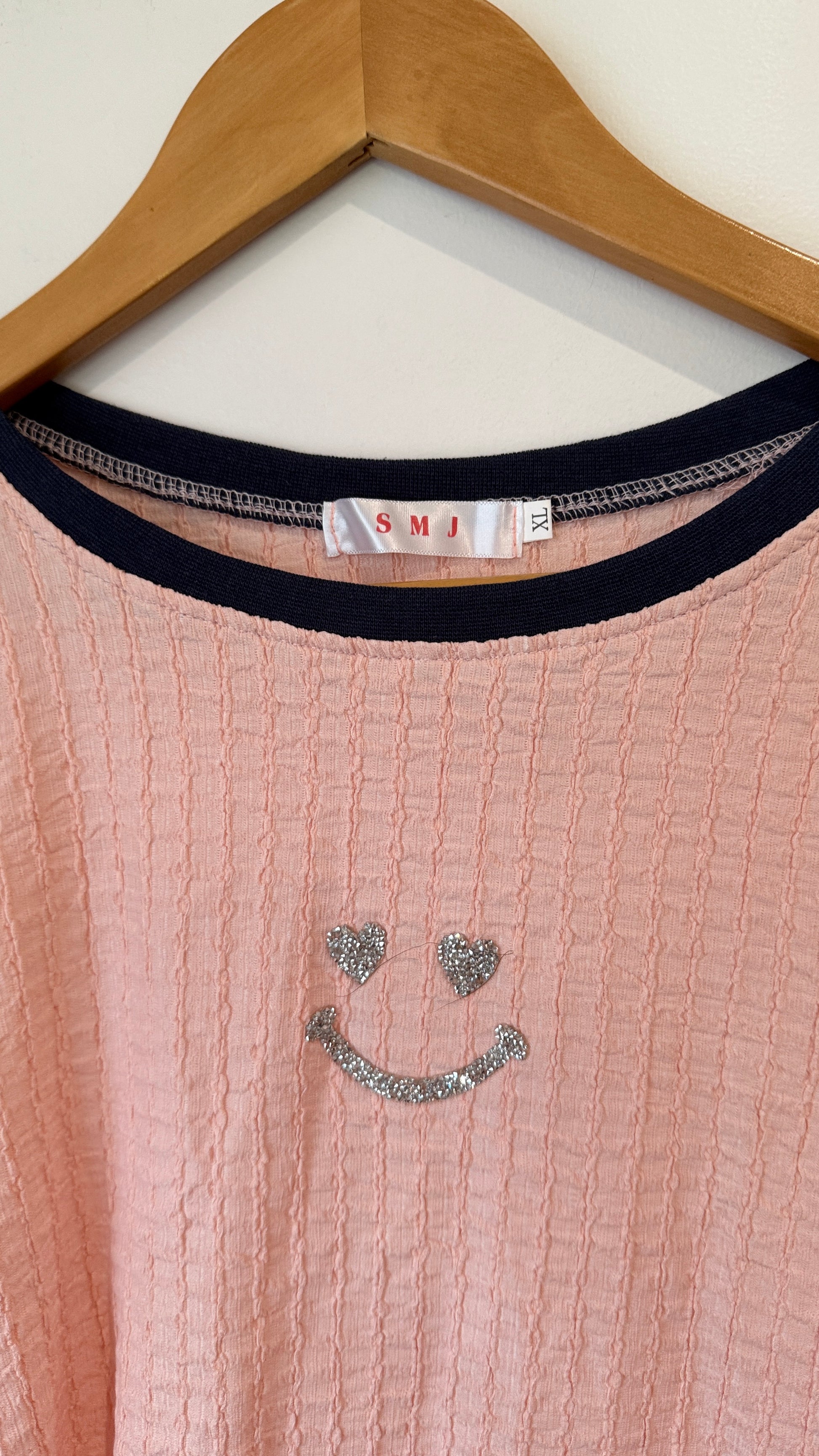 SMJ Pink Textured Smiley Ringer Tee - Size XL / 50cm u/arm