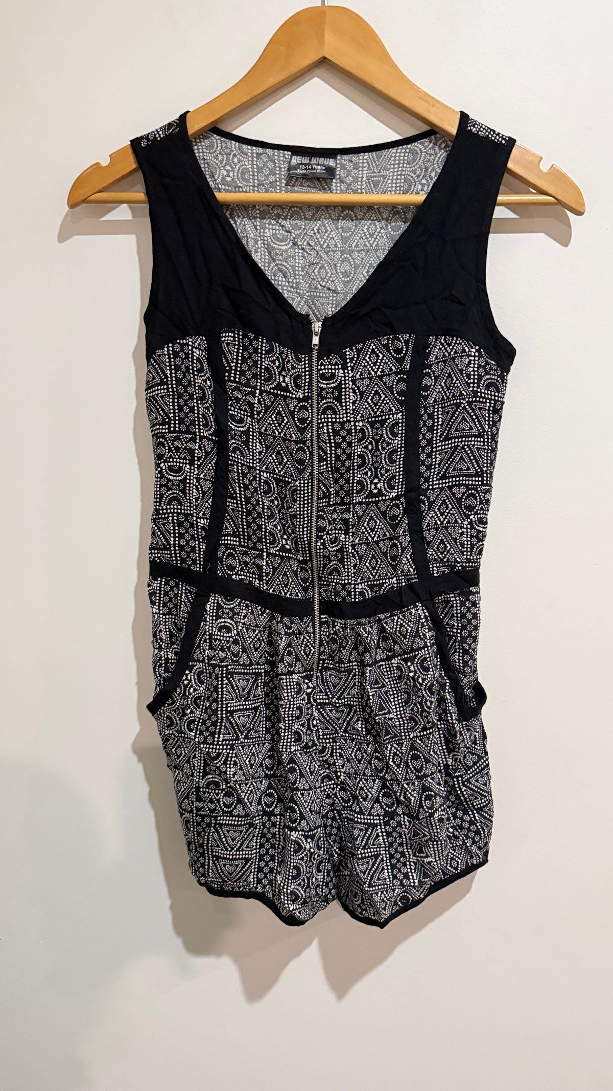 New Wave Black & White Print Playsuit - Size 13-14 Years