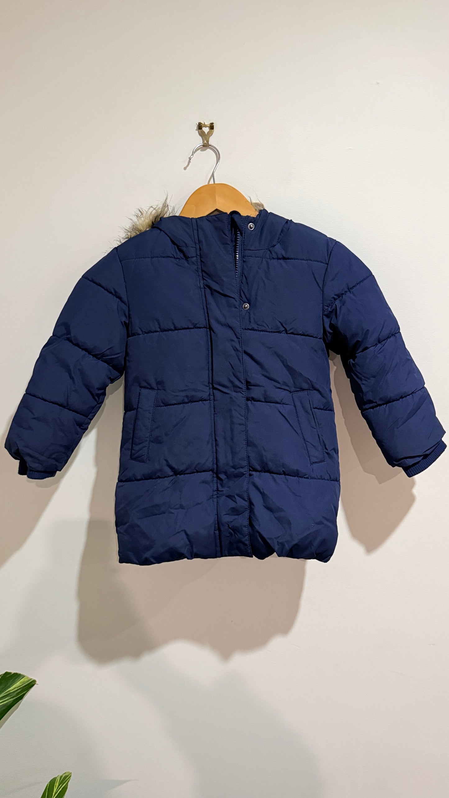 John Lewis Navy Fur Trim Hooded Puffer Coat - Size 4