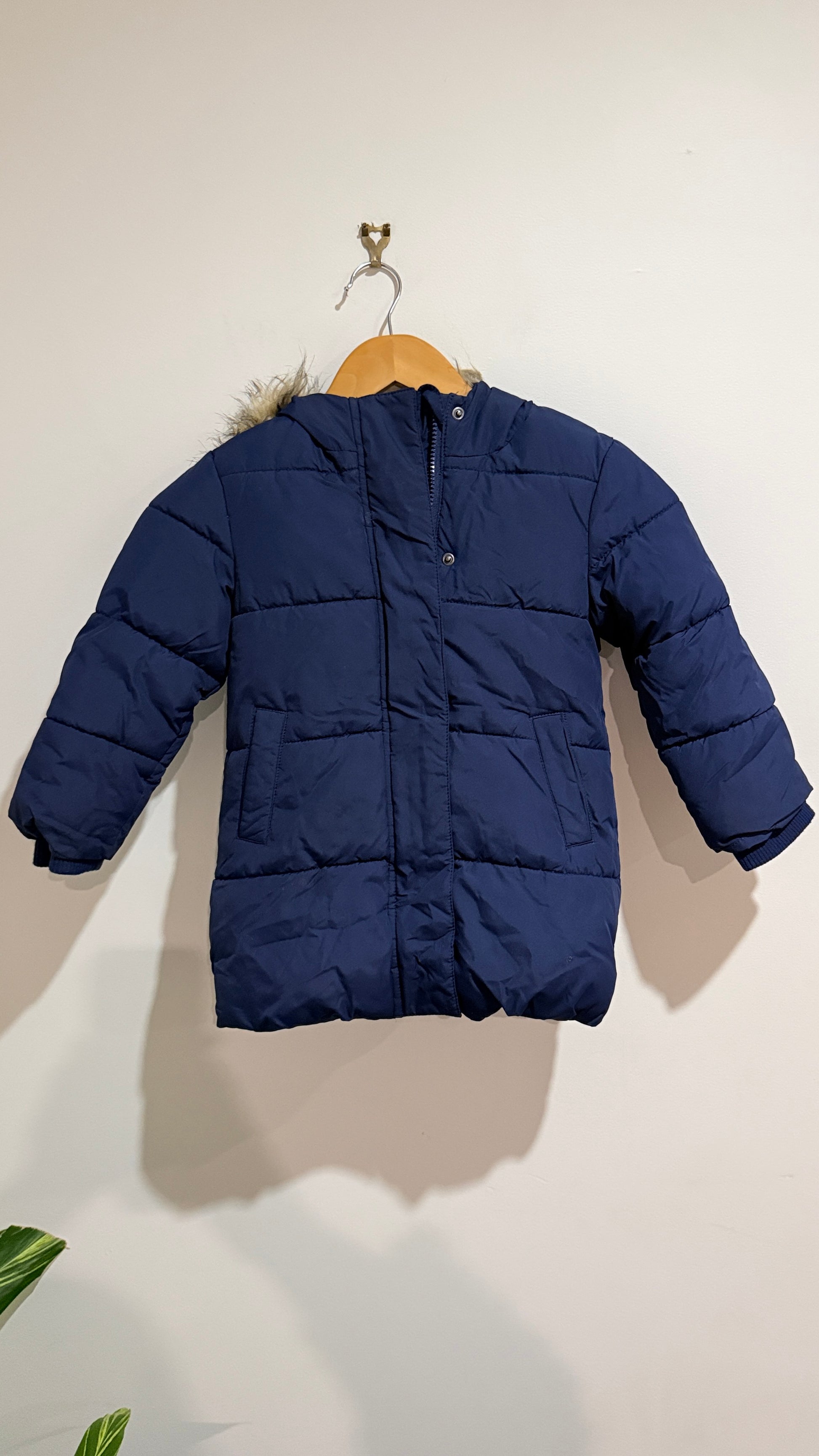 John Lewis Navy Fur Trim Hooded Puffer Coat - Size 4
