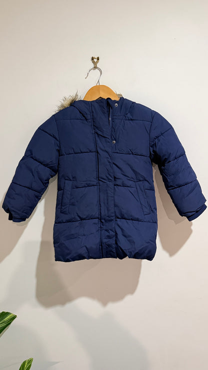 John Lewis Navy Fur Trim Hooded Puffer Coat - Size 4