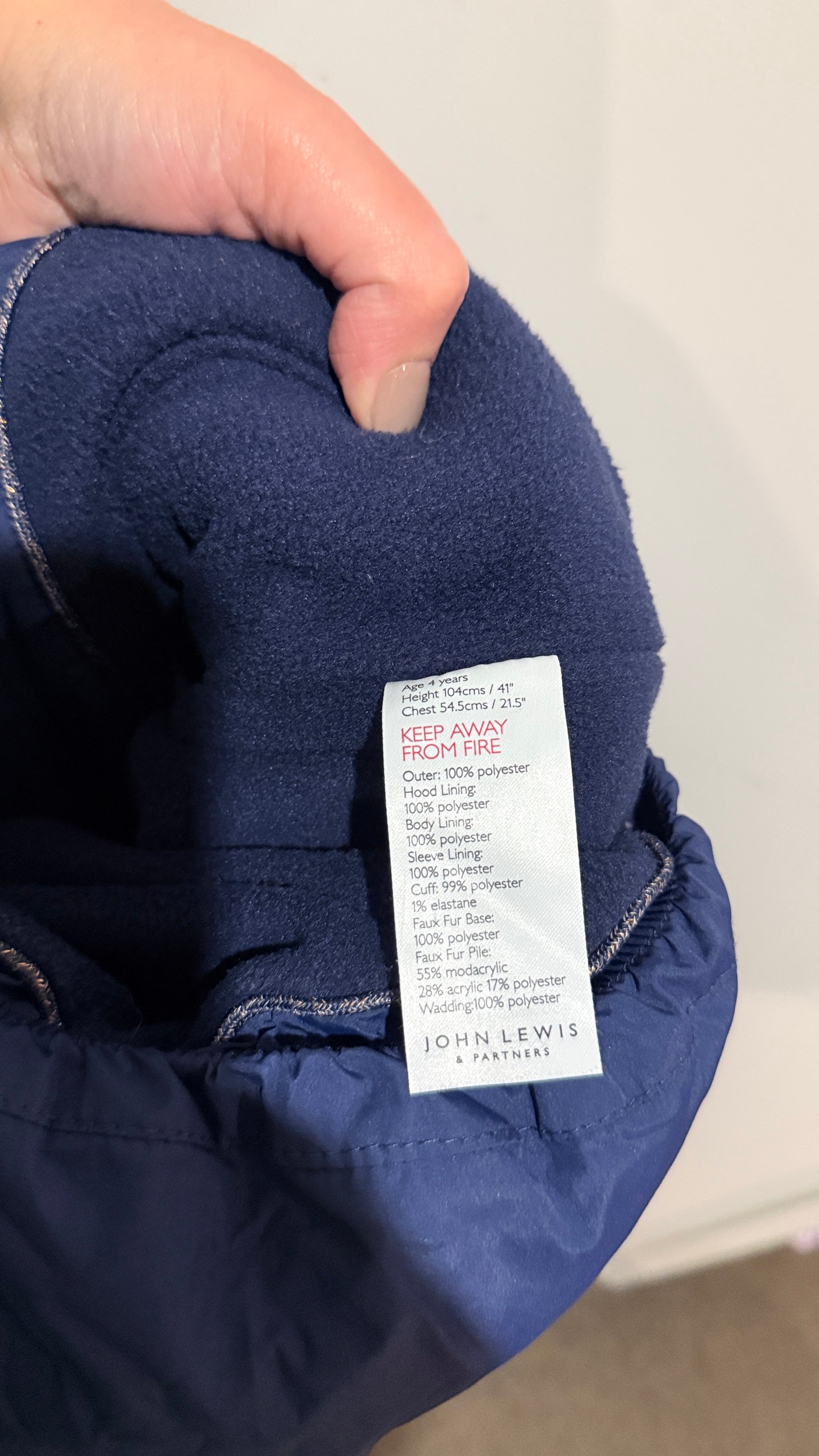 John Lewis Navy Fur Trim Hooded Puffer Coat - Size 4