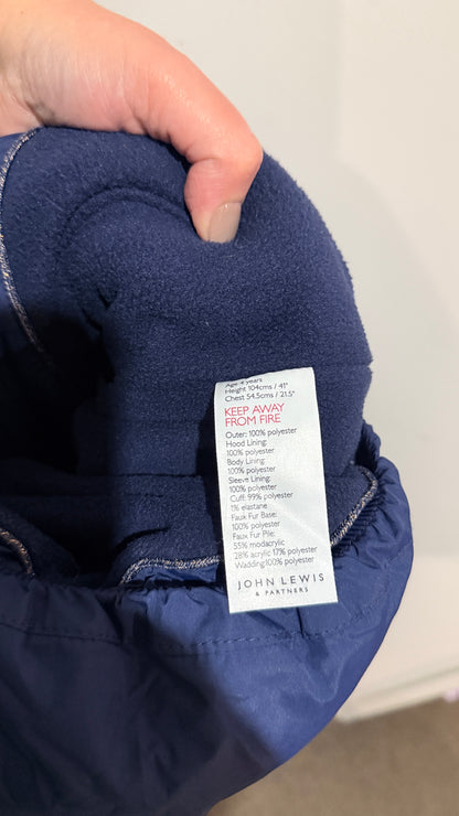 John Lewis Navy Fur Trim Hooded Puffer Coat - Size 4
