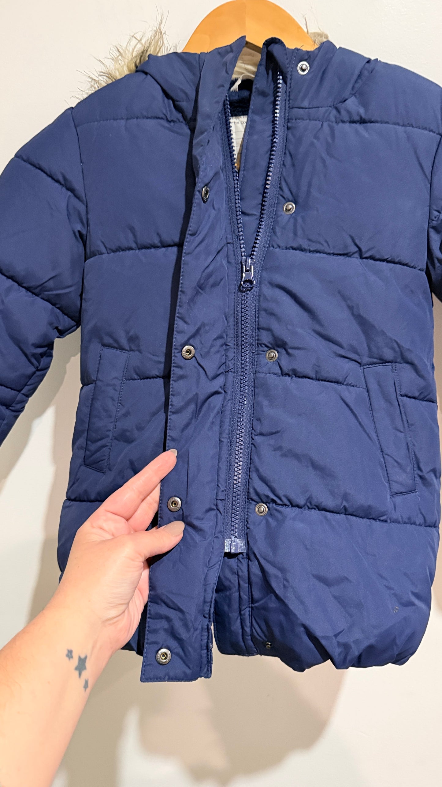John Lewis Navy Fur Trim Hooded Puffer Coat - Size 4