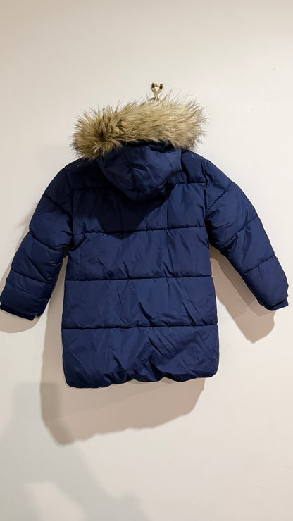 John Lewis Navy Fur Trim Hooded Puffer Coat - Size 4