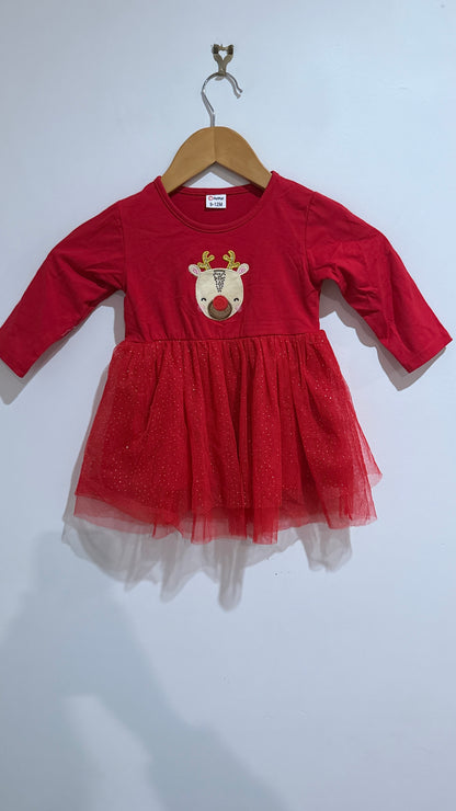 PatPat Red Reindeer Tulle Dress - Size 9-12 Months