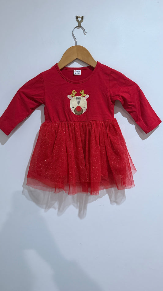 PatPat Red Reindeer Tulle Dress - Size 9-12 Months