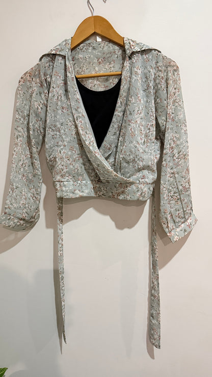 Sage Floral Tie Waist Wrap Crop Top - 43cm underarm