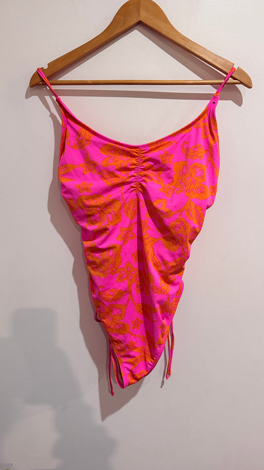 Pink & Orange Floral Ruched One-Piece Swimsuit Size L