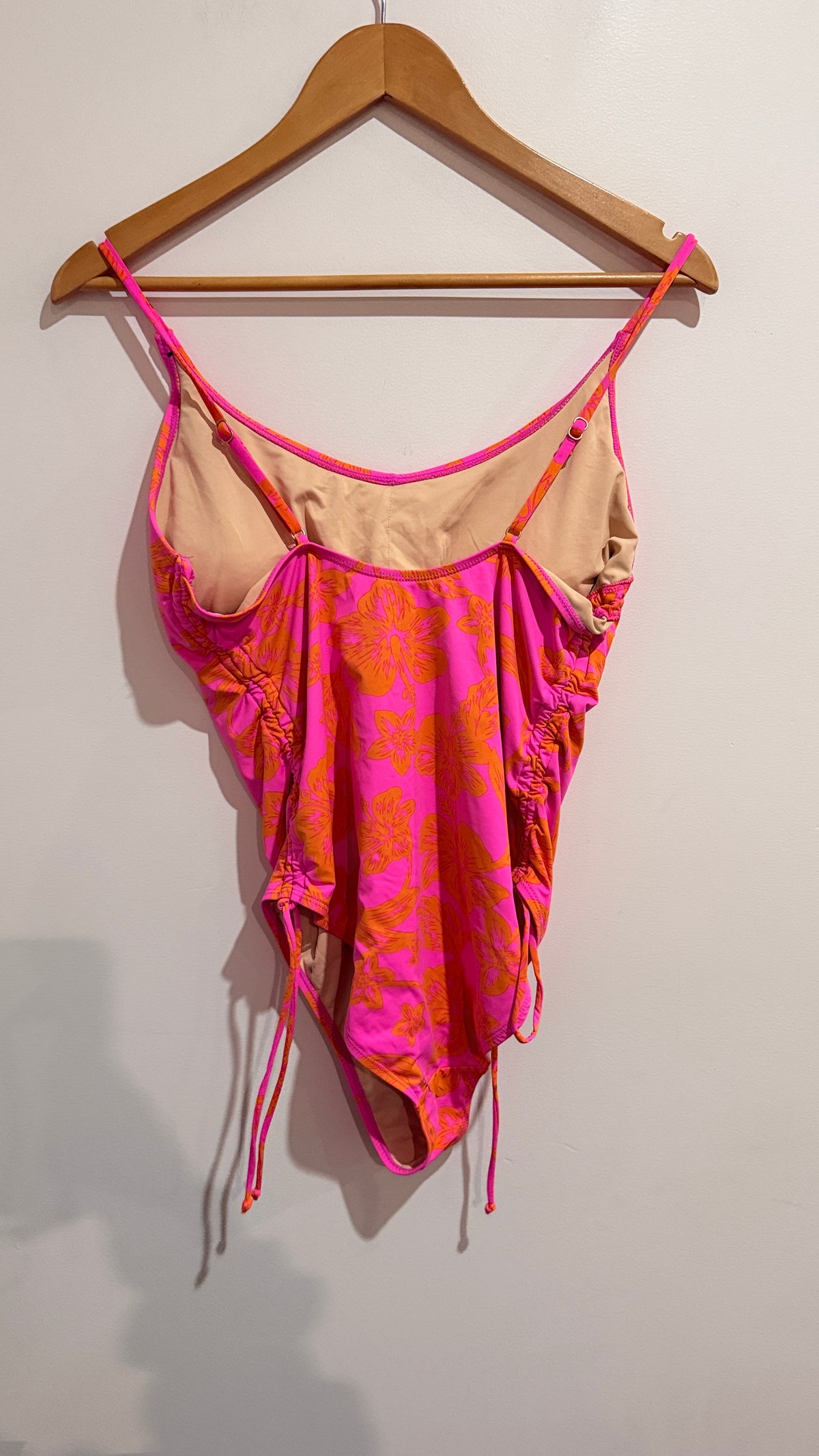 Pink & Orange Floral Ruched One-Piece Swimsuit Size L