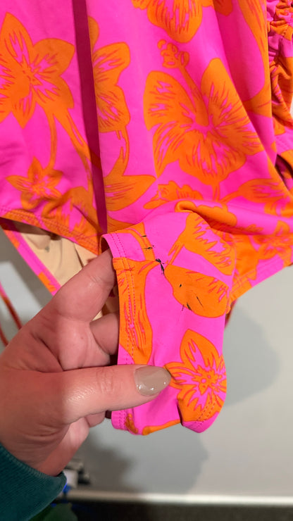 Pink & Orange Floral Ruched One-Piece Swimsuit Size L