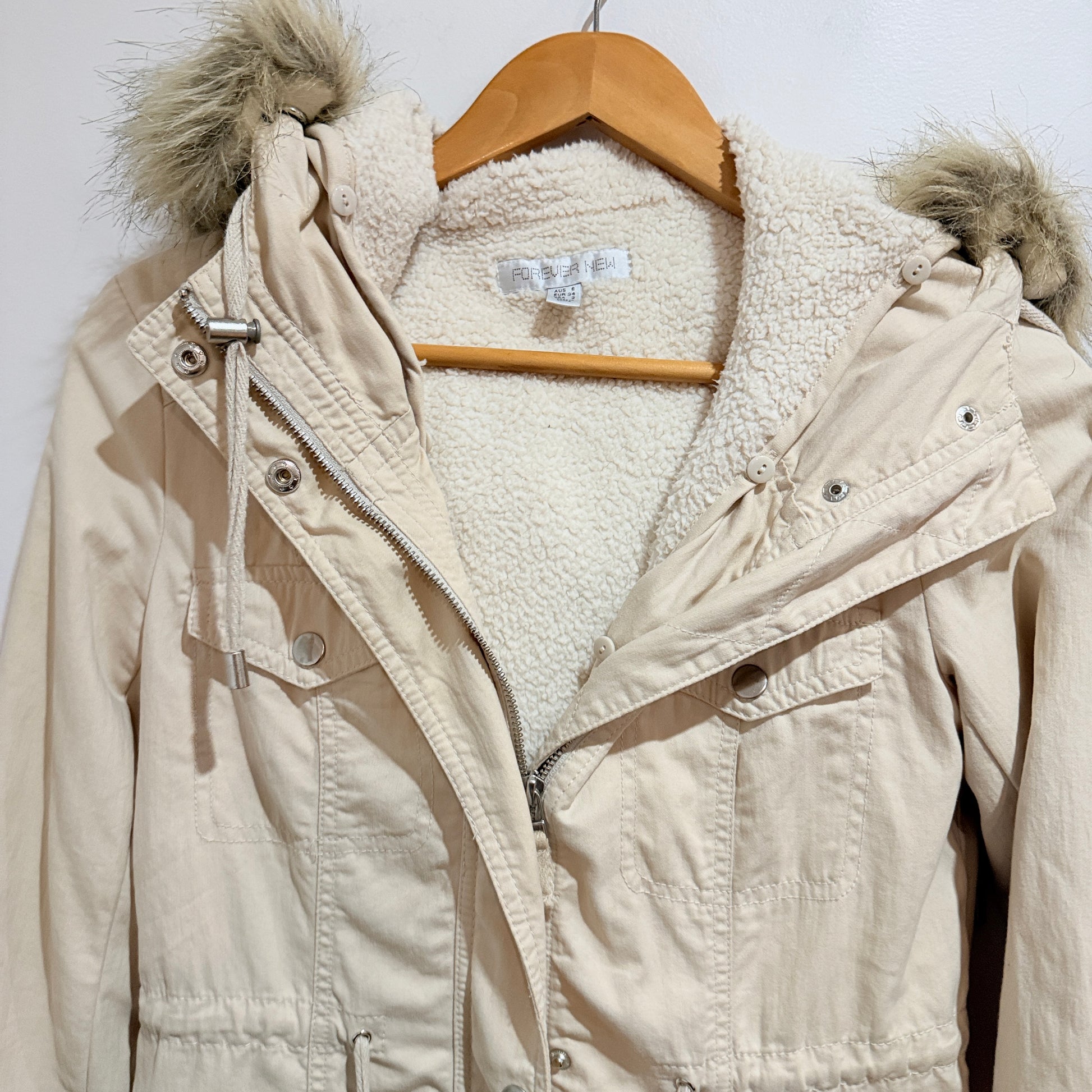 Forever New Cream Hooded Parka Jacket Size 6