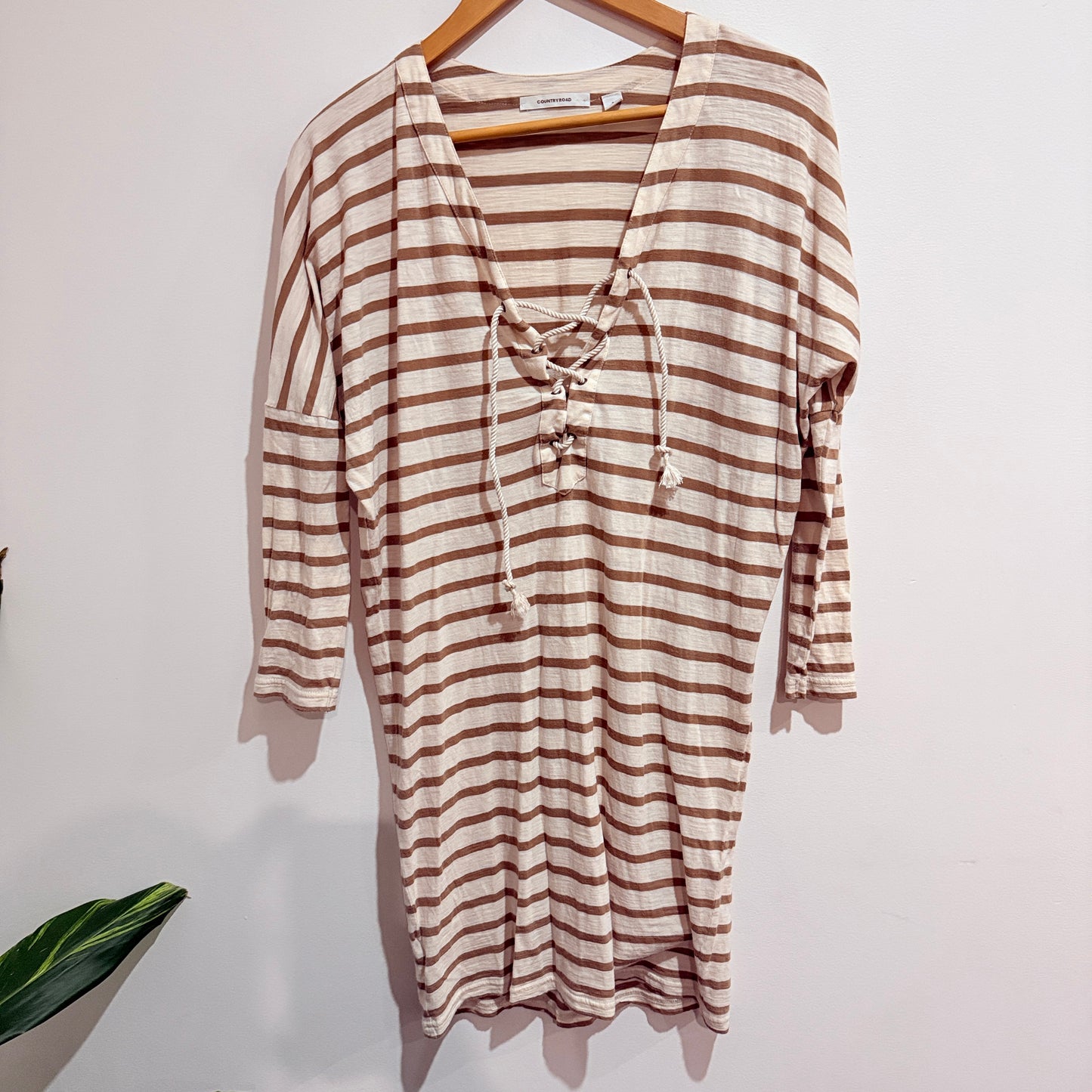 Country Road Cream & Tan Striped Lace-Up Top Size S