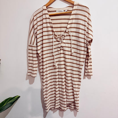 Country Road Cream & Tan Striped Lace-Up Top Size S