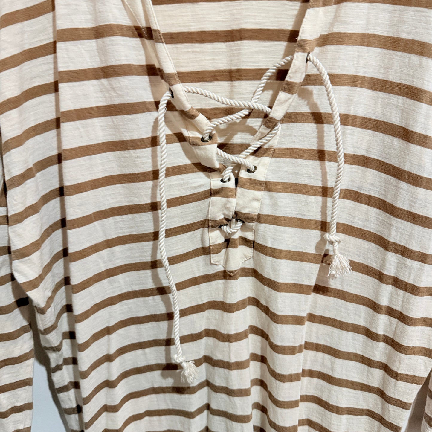 Country Road Cream & Tan Striped Lace-Up Top Size S