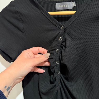 Mirrou Black Ribbed Button Front Mini Dress Size M