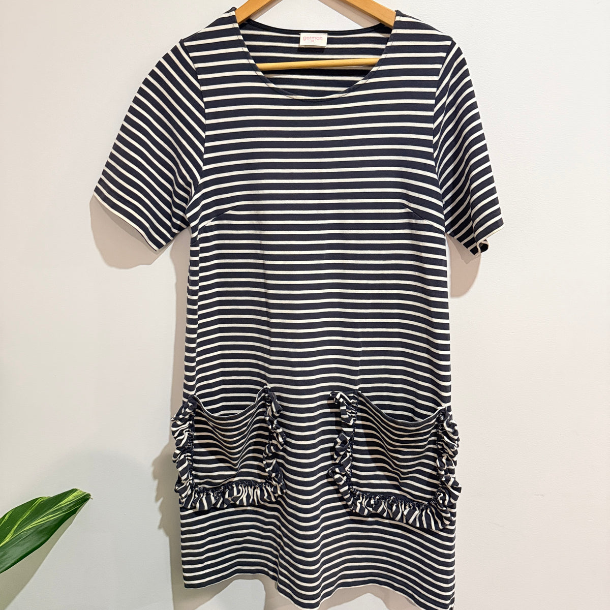 Gorman Navy & Cream Striped Ruffle Pocket Dress Size 10