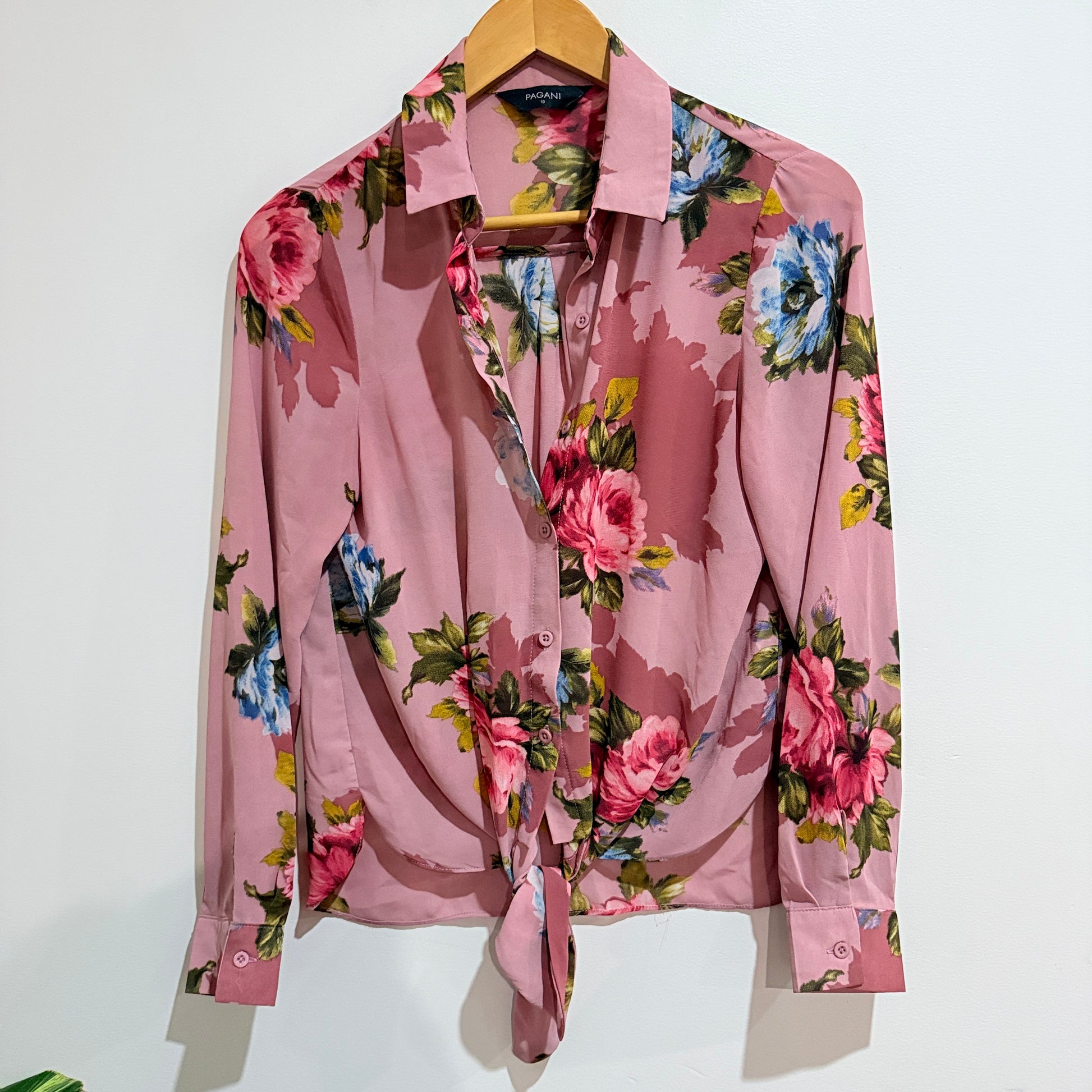 Pagani Pink Floral Tie Front Blouse Size 10