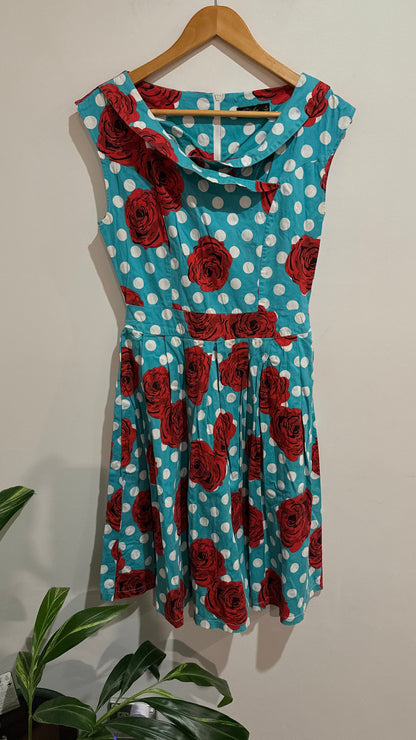 Timeless by Vannessa Tong Turquoise Rose & Spot Print Dress Size 12