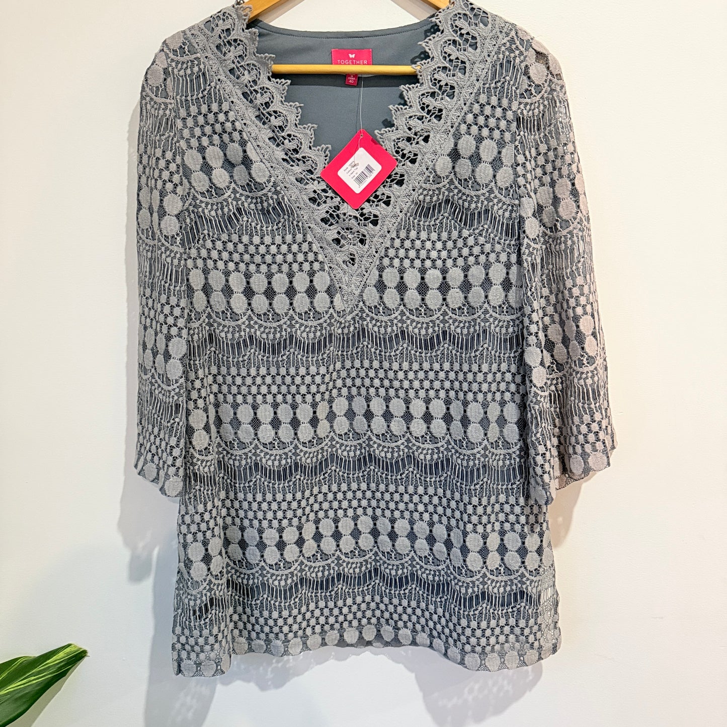Together Grey Lace V-Neck Top Size 40