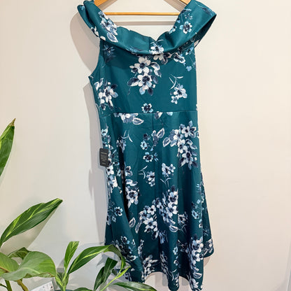 Mela London Green Floral Bardot Prom Dress Size UK 16 (XL)