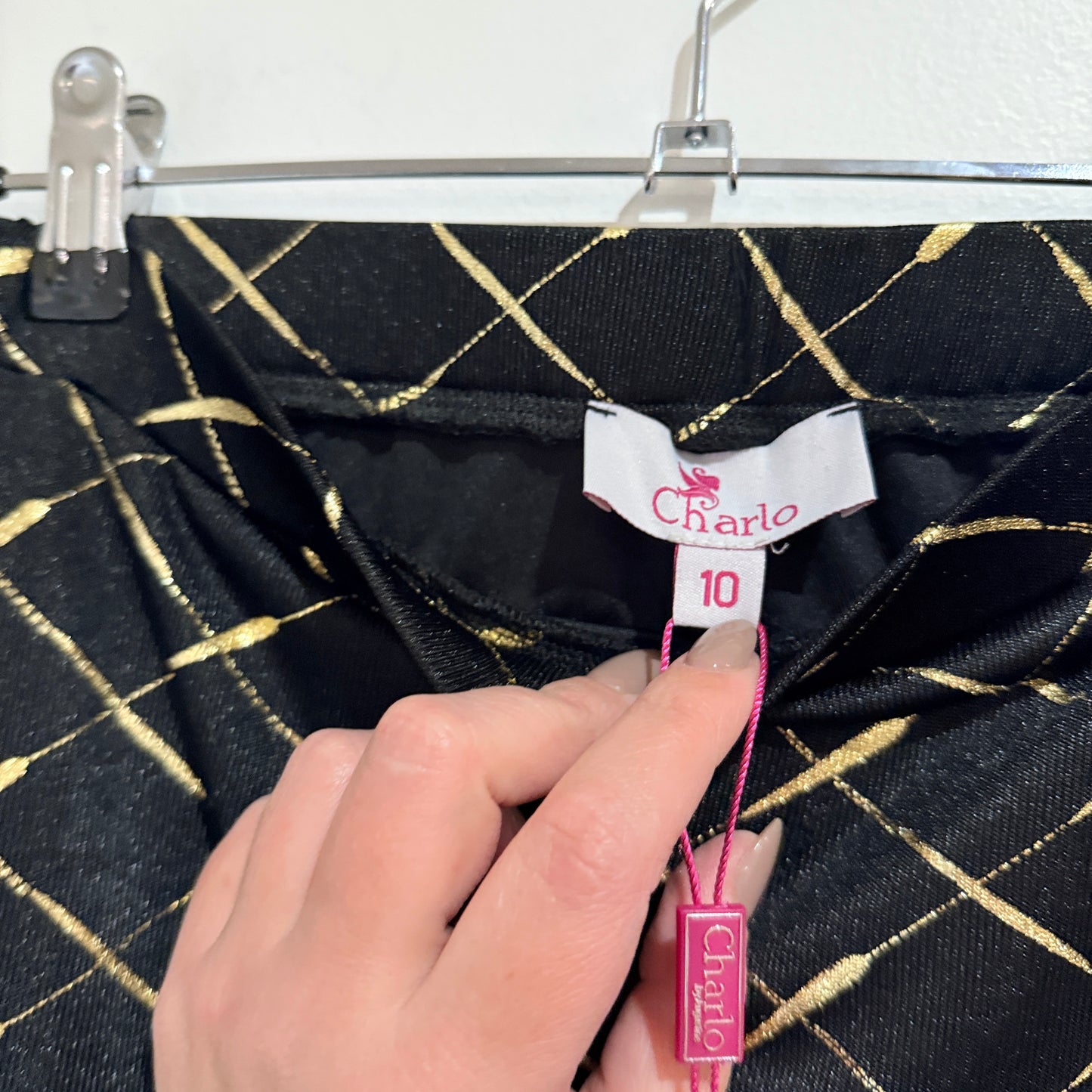 Charlo Crossbar Gold Meow Ruched Skirt Size 10