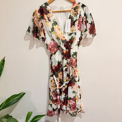 Pagani Cream Floral Flutter-Sleeve Wrap Dress Size 12