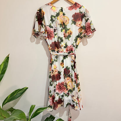 Pagani Cream Floral Flutter-Sleeve Wrap Dress Size 12