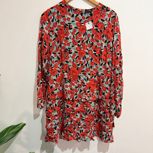 Boohoo Red Floral Ruched Mini Dress Size 16
