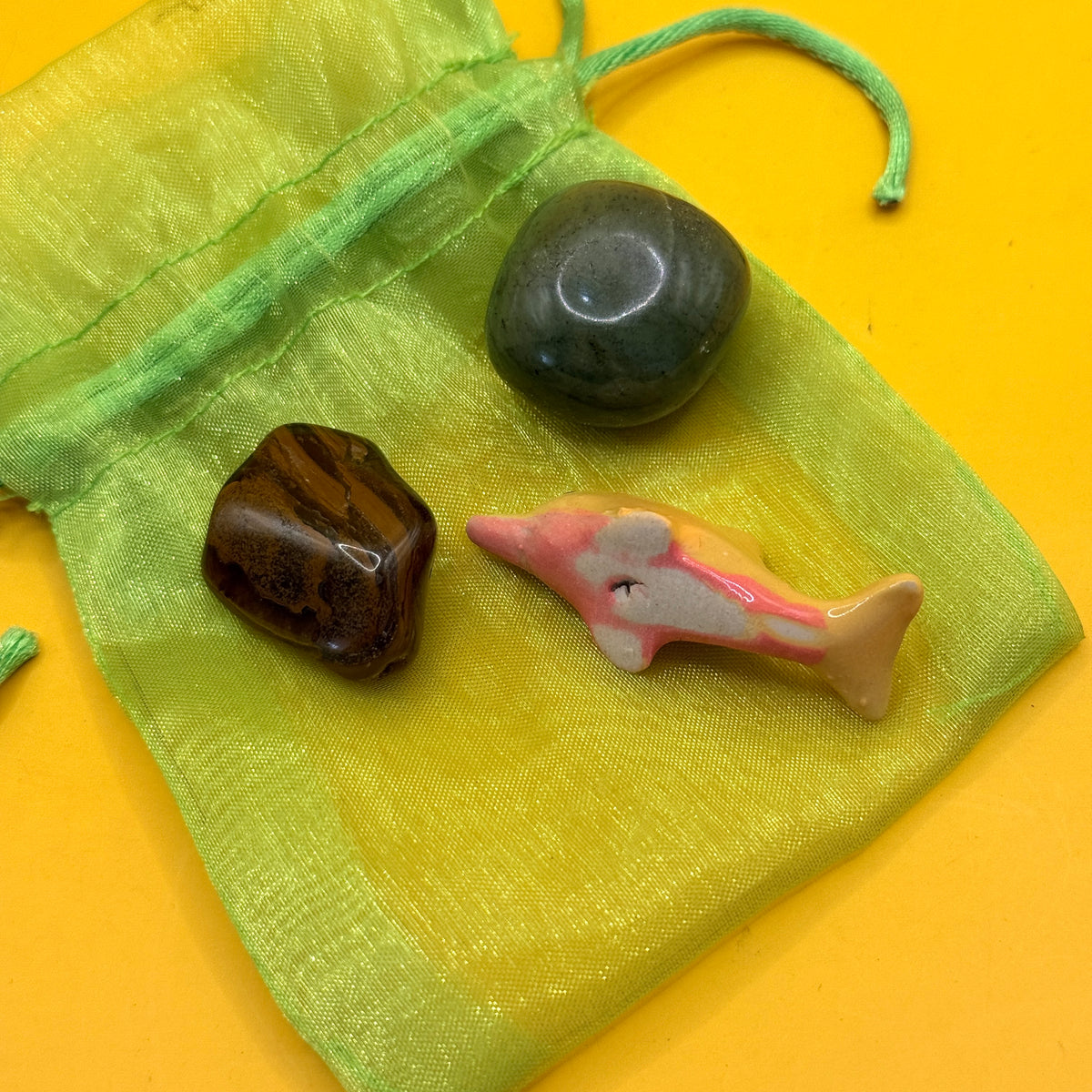 Three-Piece Tumbled Stone and Dolphin Set with Pouch