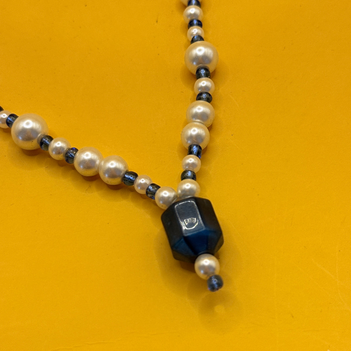 Faux Pearl and Black Bead Pendant Necklace