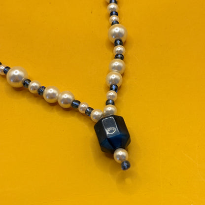 Faux Pearl and Black Bead Pendant Necklace