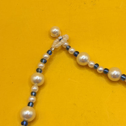 Faux Pearl and Black Bead Pendant Necklace