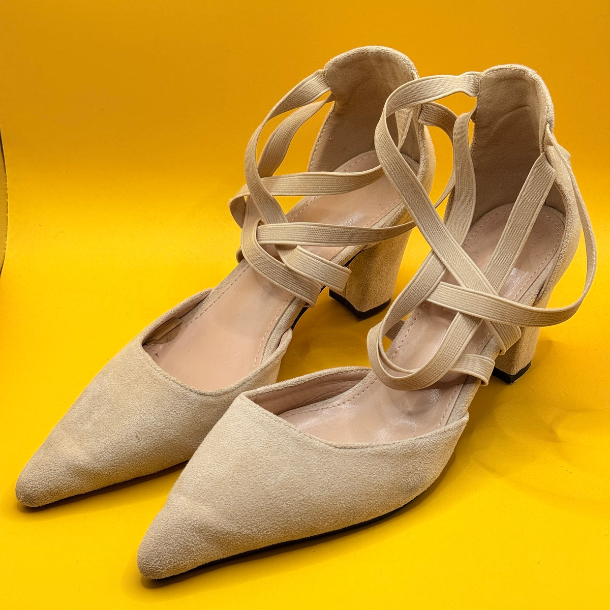 Beige Pointed Elastic-Strap Block Heels Size 39