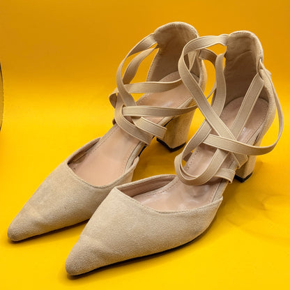 Beige Pointed Elastic-Strap Block Heels Size 39