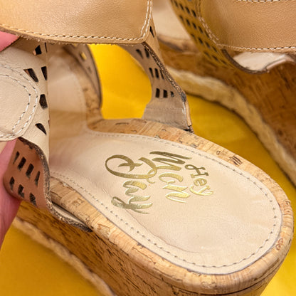 Hey Monday by Augustine Tan Leather Cut-Out Wedge Sandals Size EUR 38