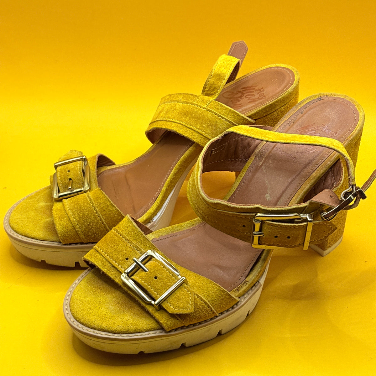 Hey Monday by Augustine Mustard Suede Platform Sandals Size EUR 38