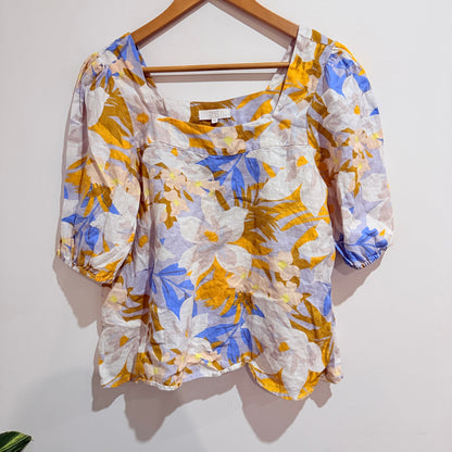 Zest Blue & Yellow Floral Linen Puff Sleeve Top Size 10