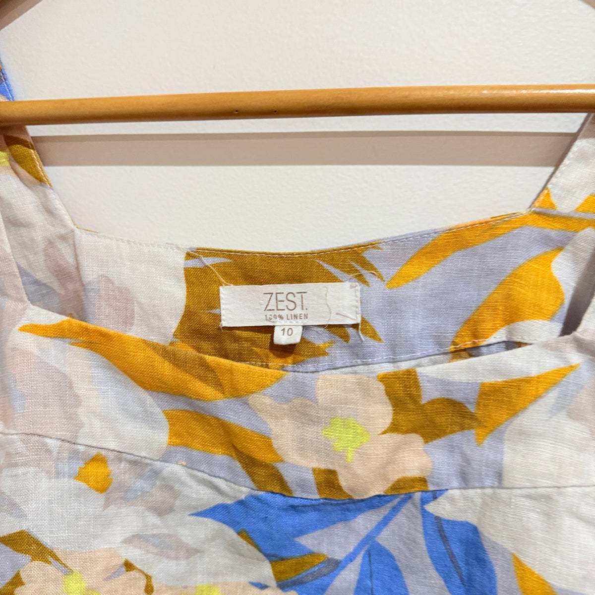 Zest Blue & Yellow Floral Linen Puff Sleeve Top Size 10