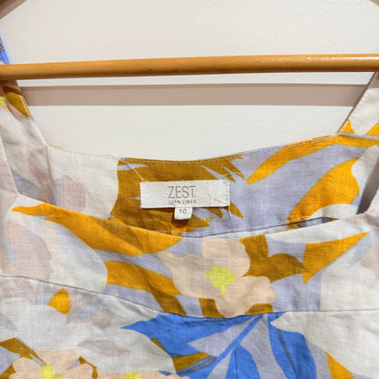 Zest Blue & Yellow Floral Linen Puff Sleeve Top Size 10